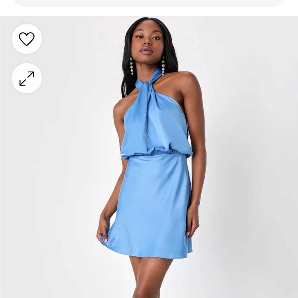 Lulus Sleek Essence Blue Satin Halter Sleeveless Mini Dress, size L